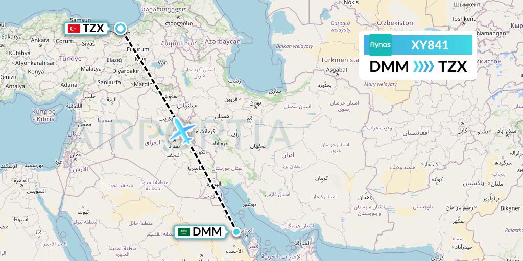 XY841 Flynas Flight Map: Dammam to Trabzon
