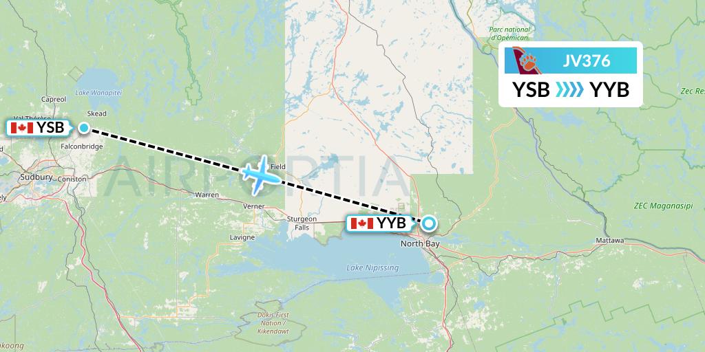JV376 Bearskin Airlines Flight Map: Sudbury to North Bay