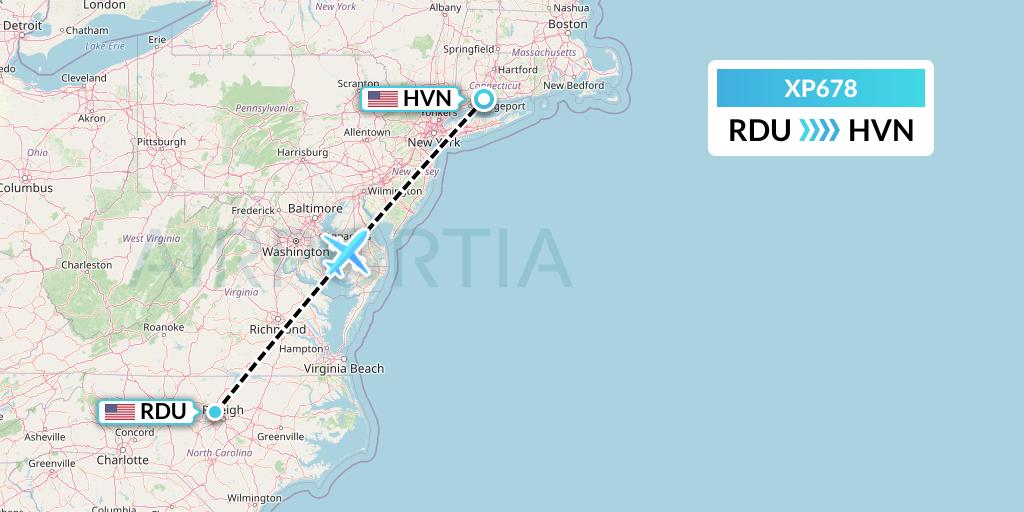 XP678 Avelo Airlines Flight Map: Raleigh-Durham to New Haven