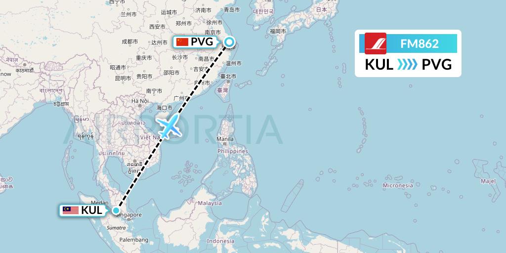 FM862 Shanghai Airlines Flight Map: Kuala Lumpur to Shanghai