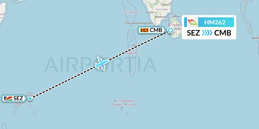 HM262 Air Seychelles Flight Map: Victoria to Colombo