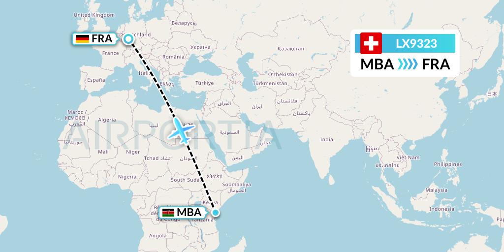 LX9323 Swiss Flight Map: Mombasa to Frankfurt