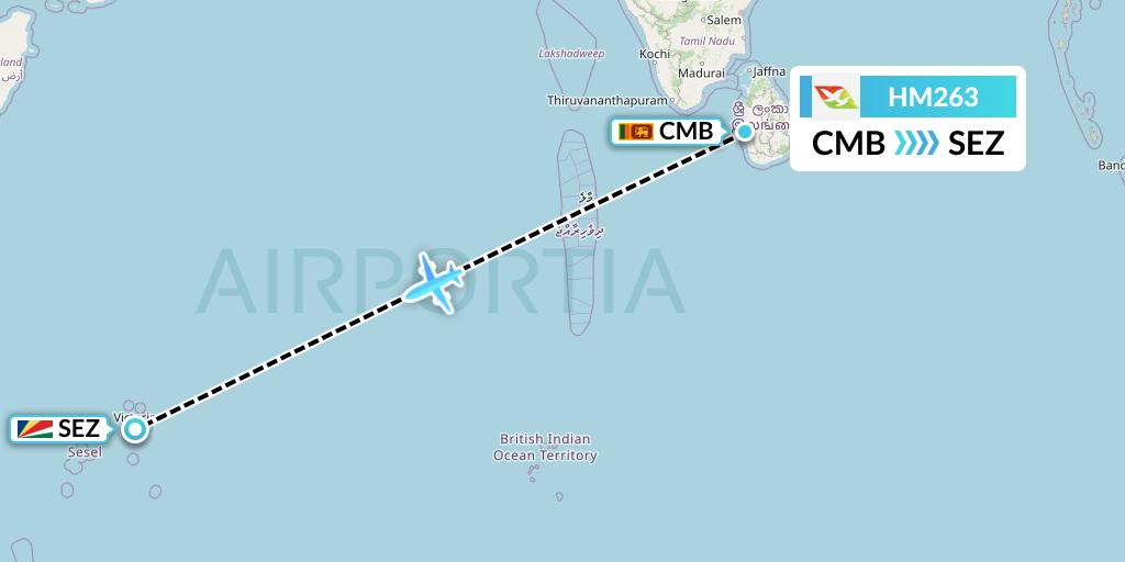 HM263 Air Seychelles Flight Map: Colombo to Victoria