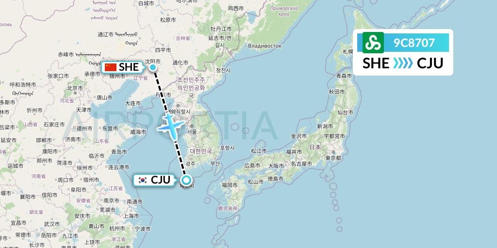 9C8707 Spring Airlines Flight Map: Shenyang to Jeju