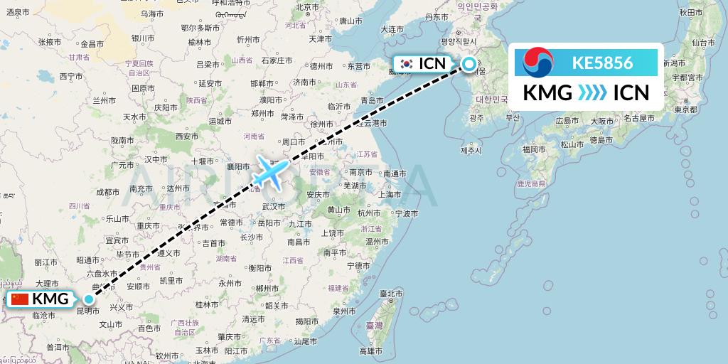 KE5856 Korean Air Flight Map: Kunming to Seoul