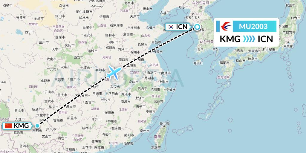 MU2003 China Eastern Airlines Flight Map: Kunming to Seoul