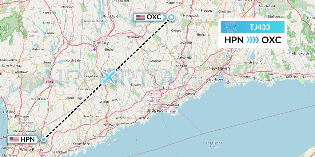TJ433 Tradewind Aviation Flight Map: White Plains to Oxford