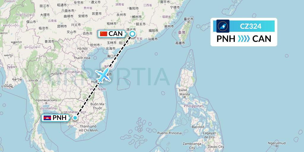 CZ324 China Southern Airlines Flight Map: Phnom Penh to Guangzhou