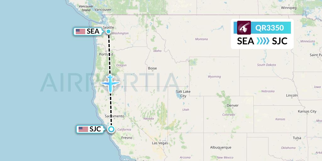 QR3350 Qatar Airways Flight Map: Seattle to San Jose