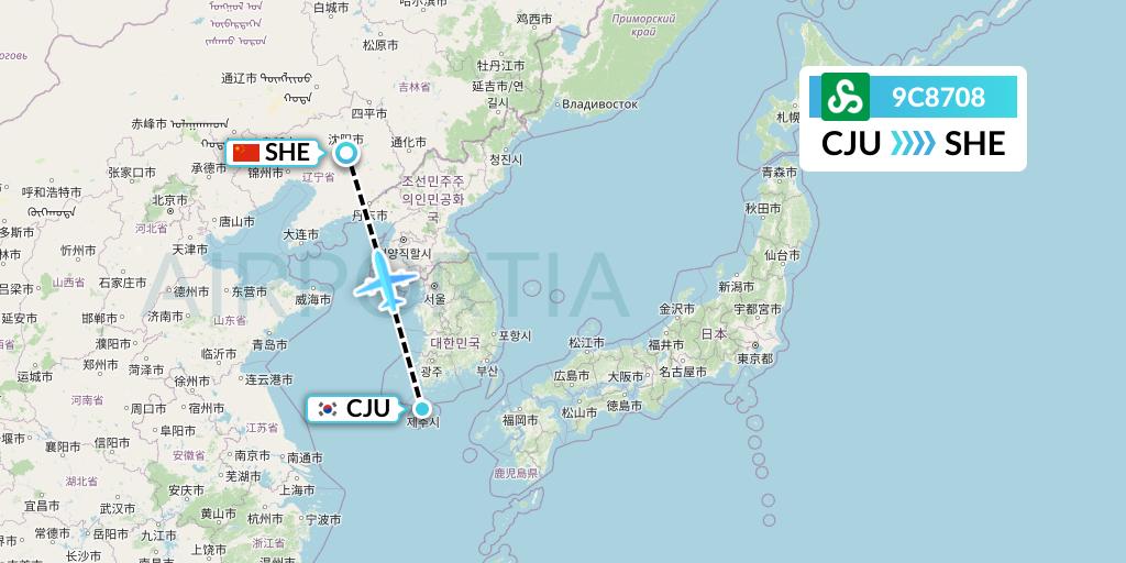 9C8708 Spring Airlines Flight Map: Jeju to Shenyang