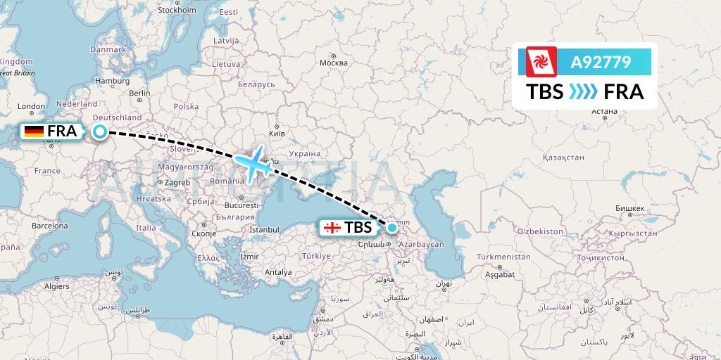 A92779 Georgian Airways Flight Map: Tbilisi to Frankfurt