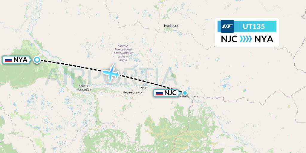 UT135 UTair Flight Map: Nizhnevartovsk to Nyagan
