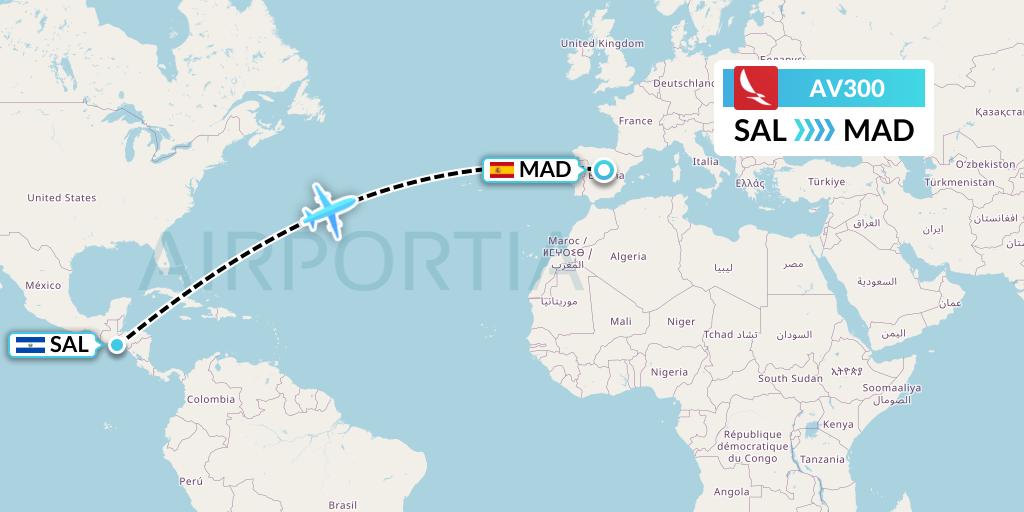 AV300 Avianca Flight Map: San Salvador to Madrid