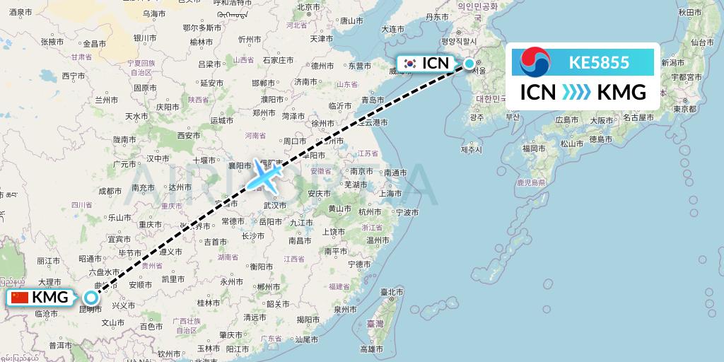 KE5855 Korean Air Flight Map: Seoul to Kunming