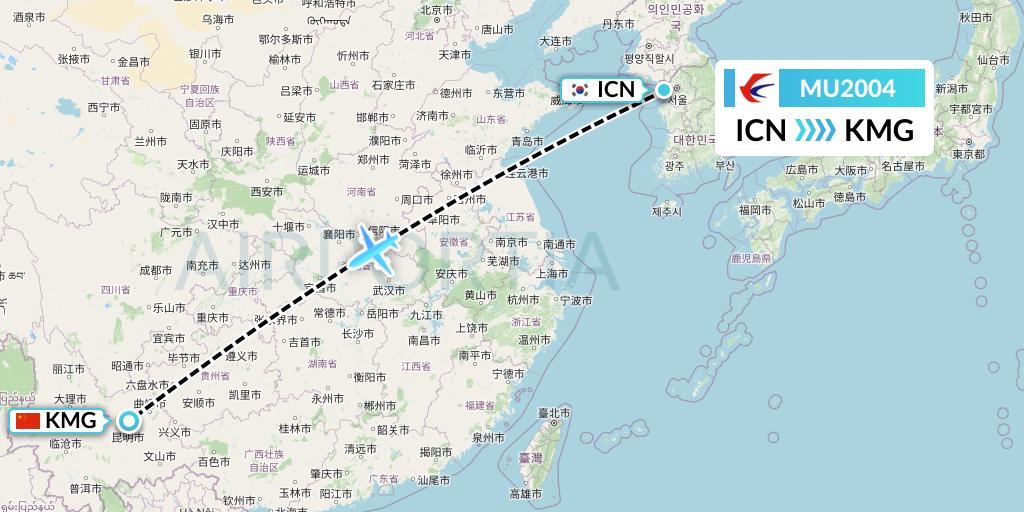 MU2004 China Eastern Airlines Flight Map: Seoul to Kunming