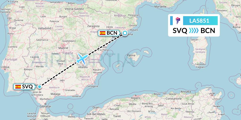 LA5851 LAN Airlines Flight Map: Seville to Barcelona