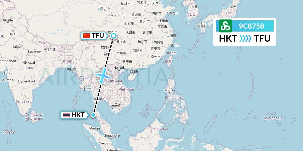 9C8758 Spring Airlines Flight Map: Phuket to Chengdu