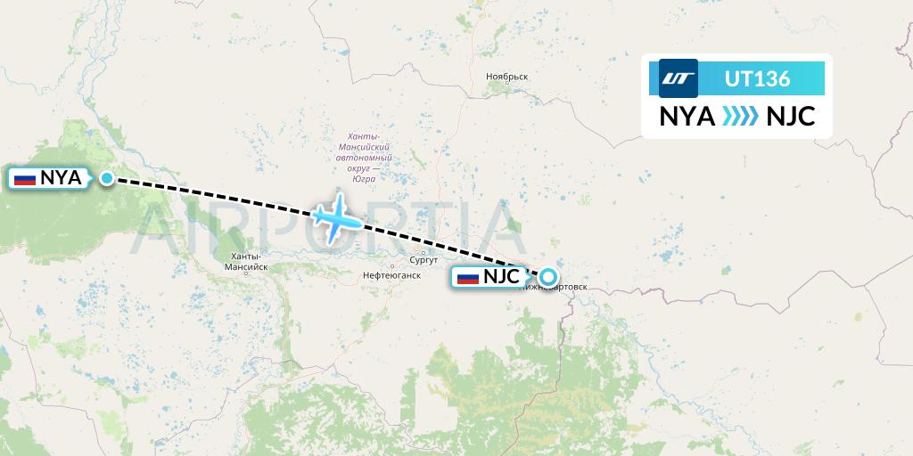 UT136 UTair Flight Map: Nyagan to Nizhnevartovsk