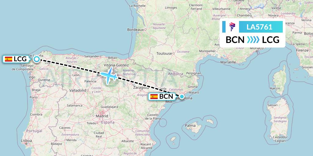 LA5761 LAN Airlines Flight Map: Barcelona to A Coruna