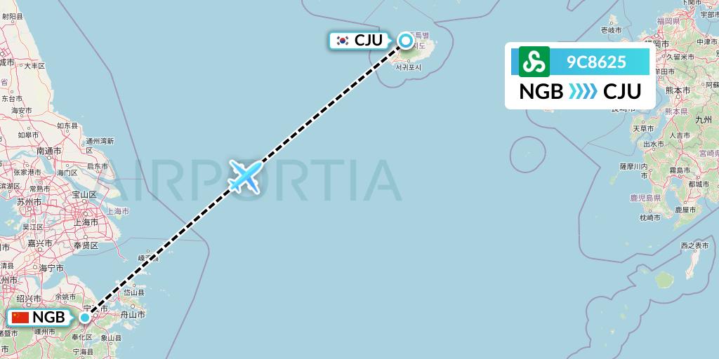 9C8625 Spring Airlines Flight Map: Ningbo to Jeju