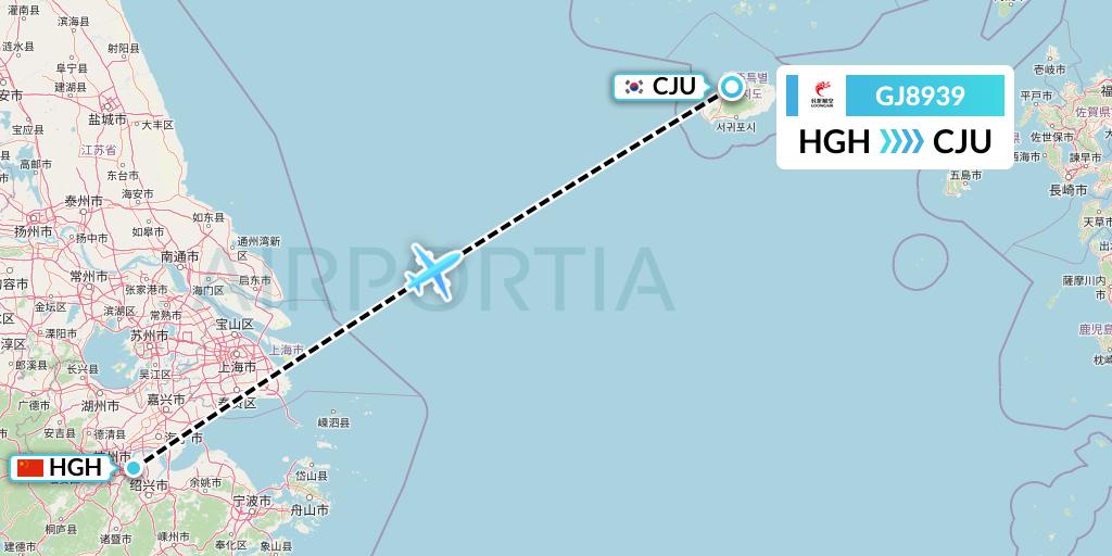 GJ8939 Loong Airlines Flight Map: Hangzhou to Jeju