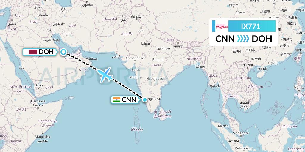 IX771 Air India Express Flight Map: Mattannur to Doha