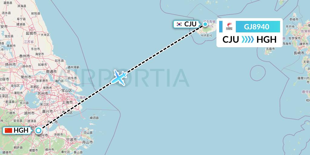 GJ8940 Loong Airlines Flight Map: Jeju to Hangzhou