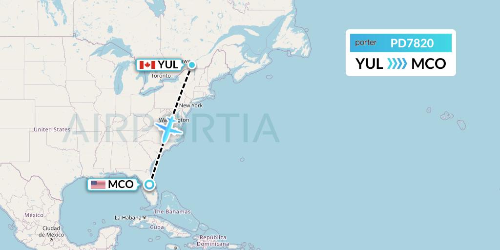 PD7820 Porter Airlines Flight Map: Montreal to Orlando