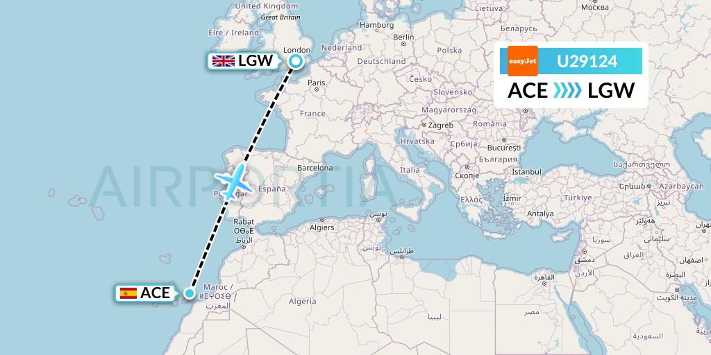 U29124 EasyJet Flight Map: Lanzarote to London