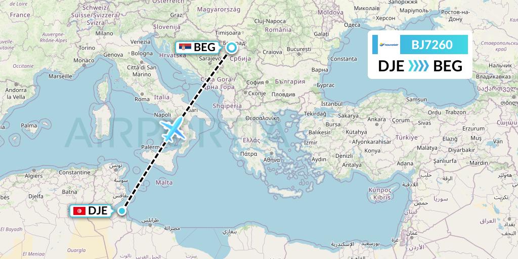 BJ7260 Nouvelair Tunisie Flight Map: Djerba to Belgrade