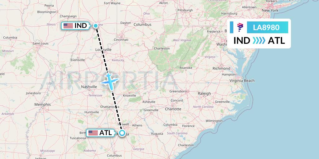 LA8980 LAN Airlines Flight Map: Indianapolis to Atlanta