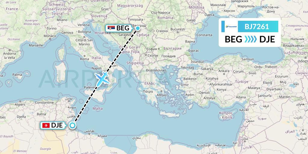 BJ7261 Nouvelair Tunisie Flight Map: Belgrade to Djerba