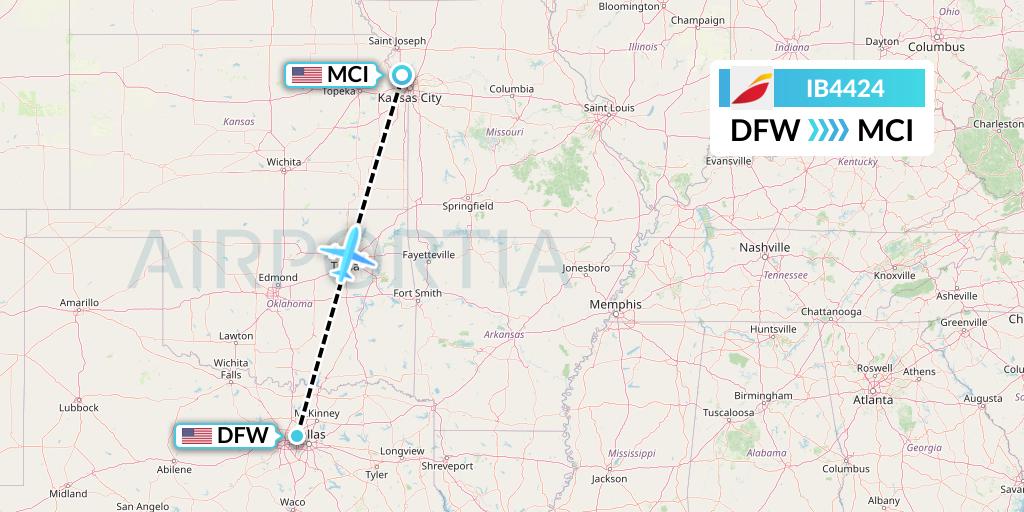 IB4424 Iberia Flight Map: Dallas to Kansas City