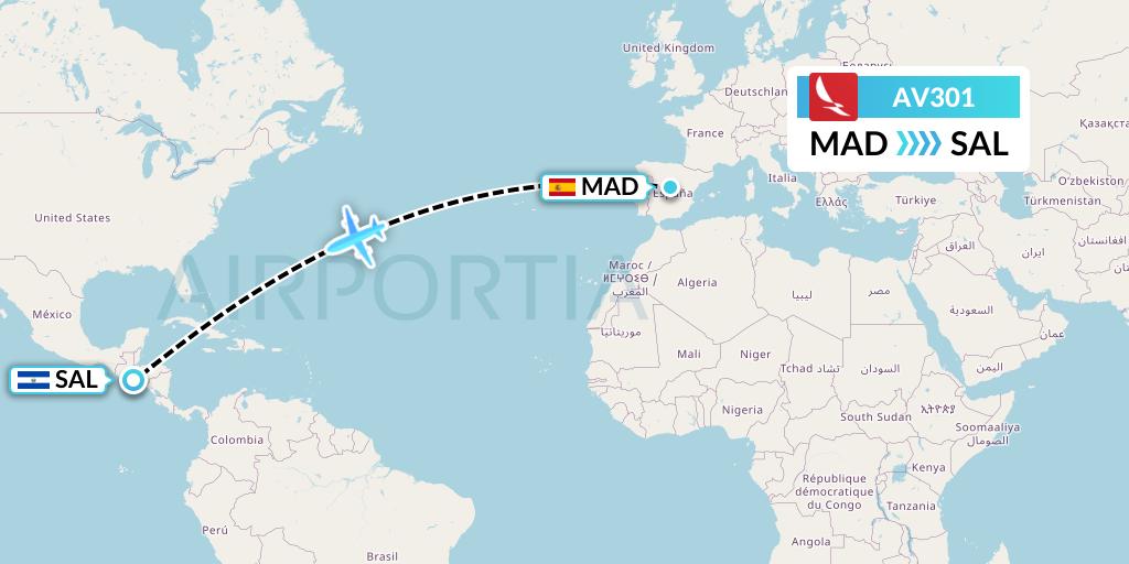 AV301 Avianca Flight Map: Madrid to San Salvador