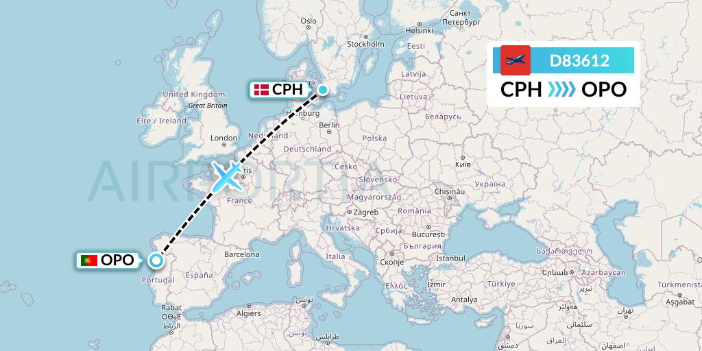 D83612 Norwegian Air International Flight Map: Copenhagen to Porto