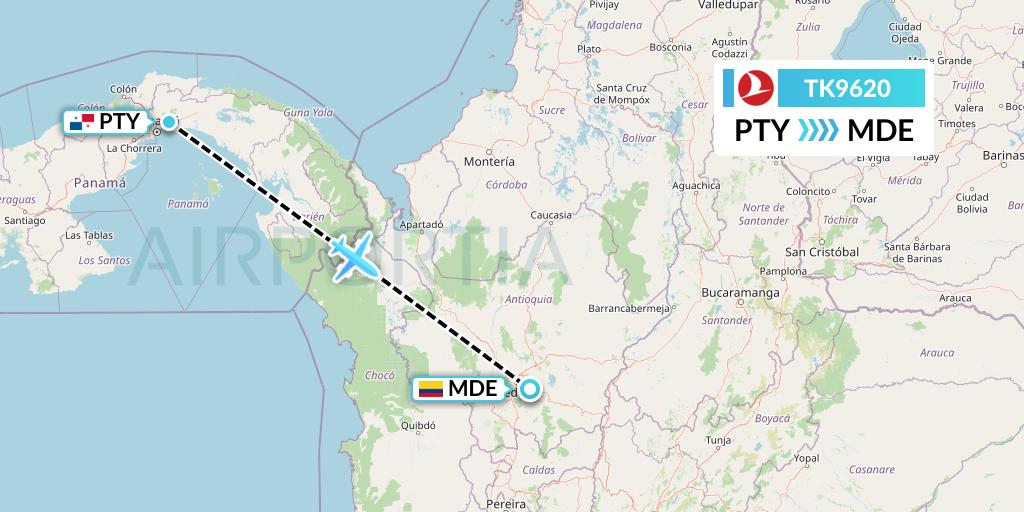 TK9620 Turkish Airlines Flight Map: Panama City to Medellin