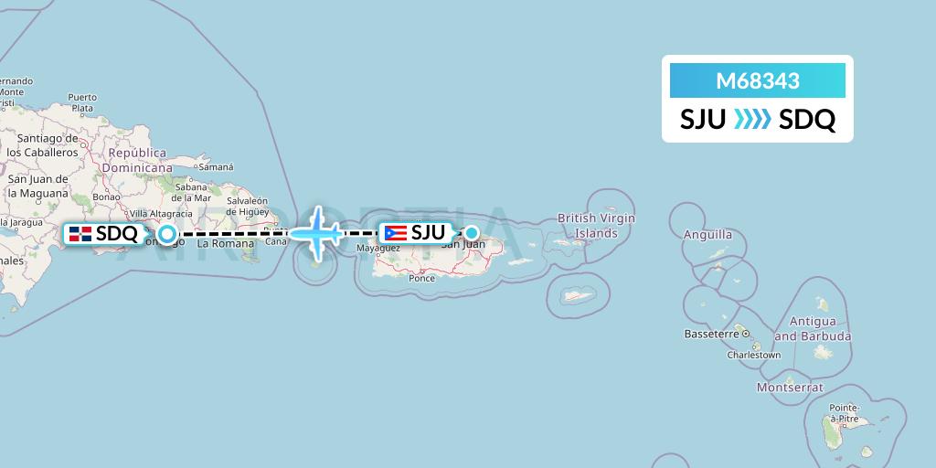 M68343 Amerijet International Flight Map: San Juan to Santo Domingo