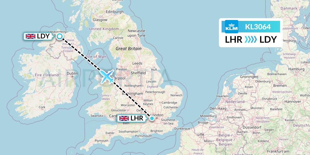 KL3064 KLM Flight Map: London to Londonderry