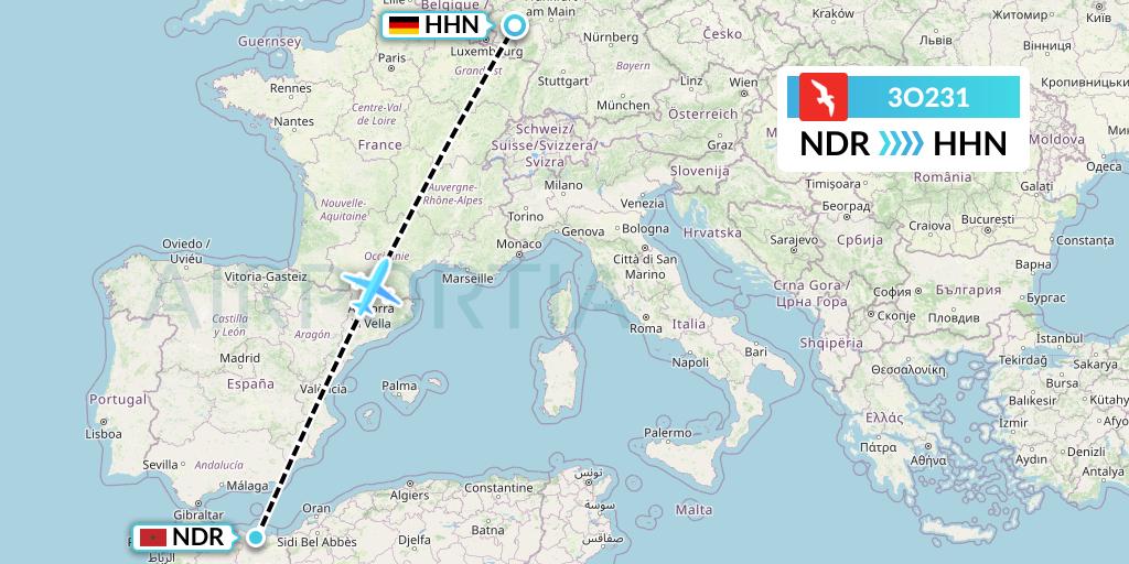 3O231 Air Arabia Maroc Flight Map: Nador to Hahn