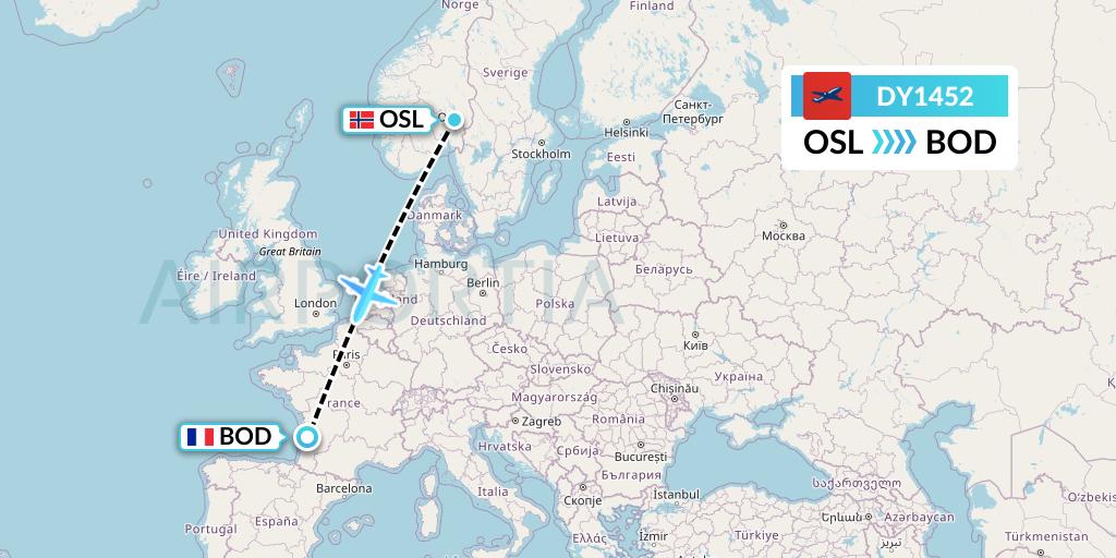 DY1452 Norwegian Flight Map: Oslo to Bordeaux