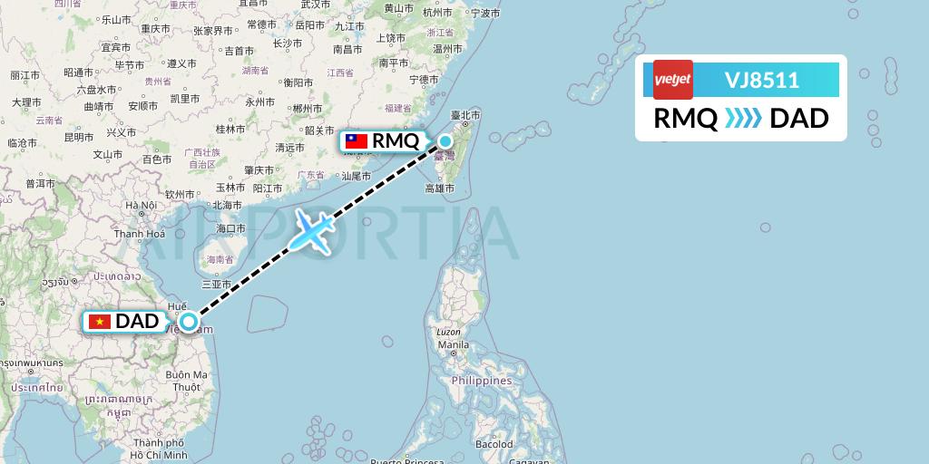 VJ8511 VietJet Air Flight Map: Taichung to Da Nang