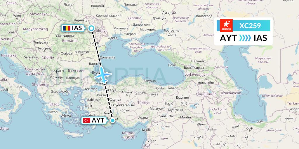 XC259 Corendon Airlines Flight Map: Antalya to Iasi