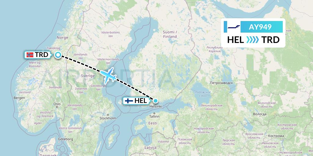 AY949 Finnair Flight Map: Helsinki to Trondheim