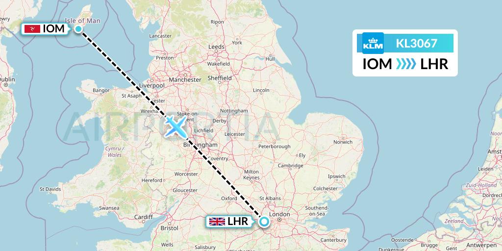 KL3067 KLM Flight Map: Isle of Man to London