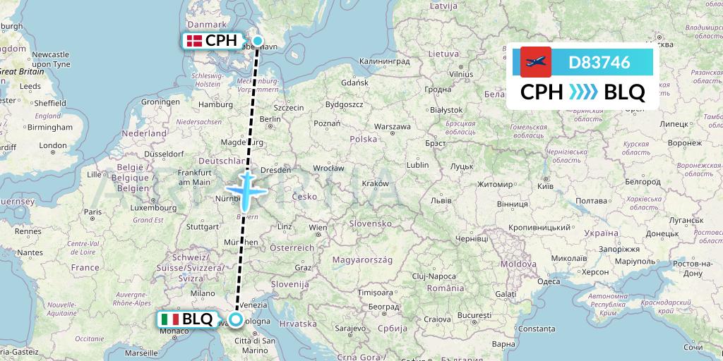 D83746 Norwegian Air International Flight Map: Copenhagen to Bologna