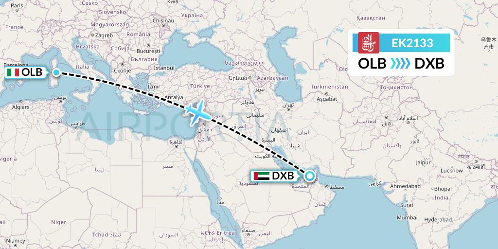 EK2133 Emirates Flight Map: Olbia to Dubai