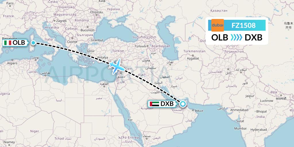 FZ1508 FlyDubai Flight Map: Olbia to Dubai