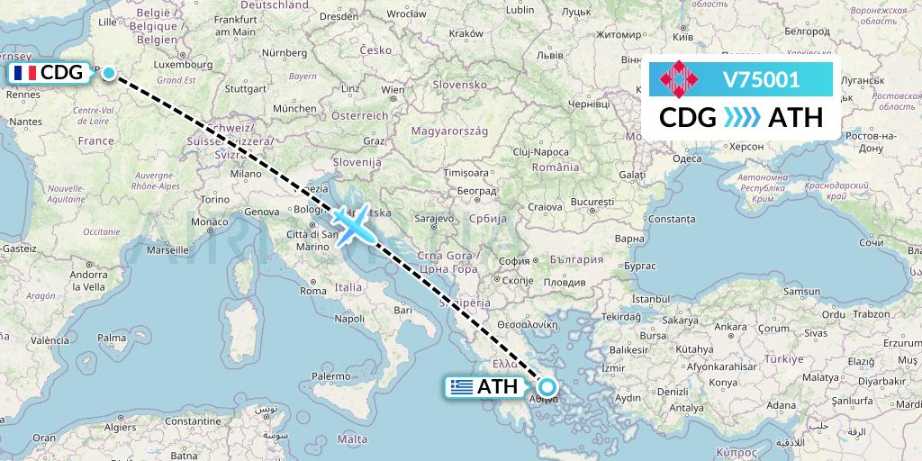 V75001 Volotea Flight Map: Paris to Athens