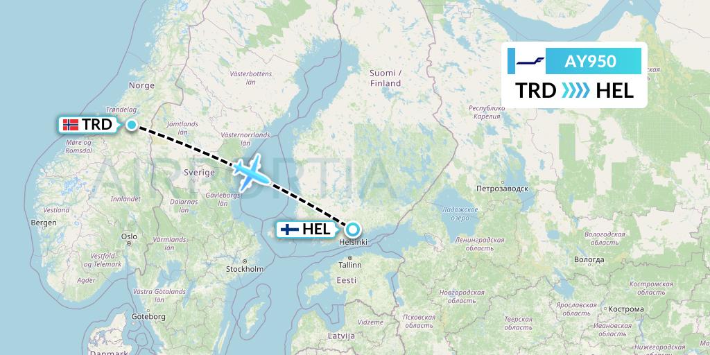 AY950 Finnair Flight Map: Trondheim to Helsinki