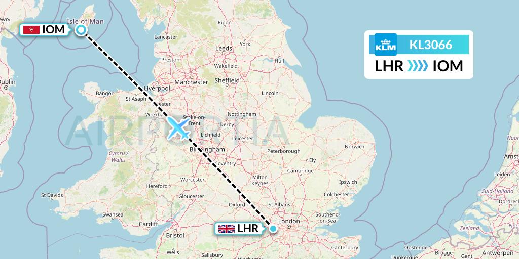 KL3066 KLM Flight Map: London to Isle of Man